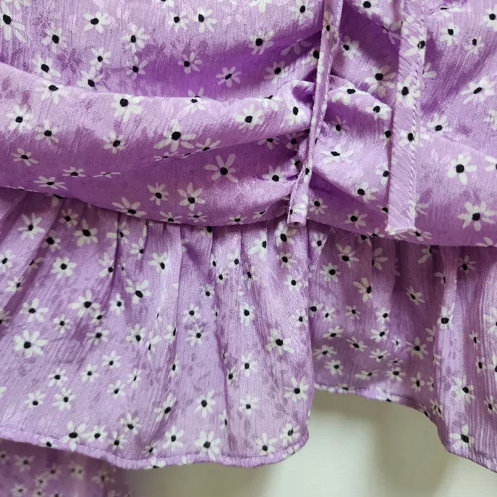 Zara Top Women Sz M Purple Floral Sweetheart Lace Up Puff Slv Smocked Babydoll